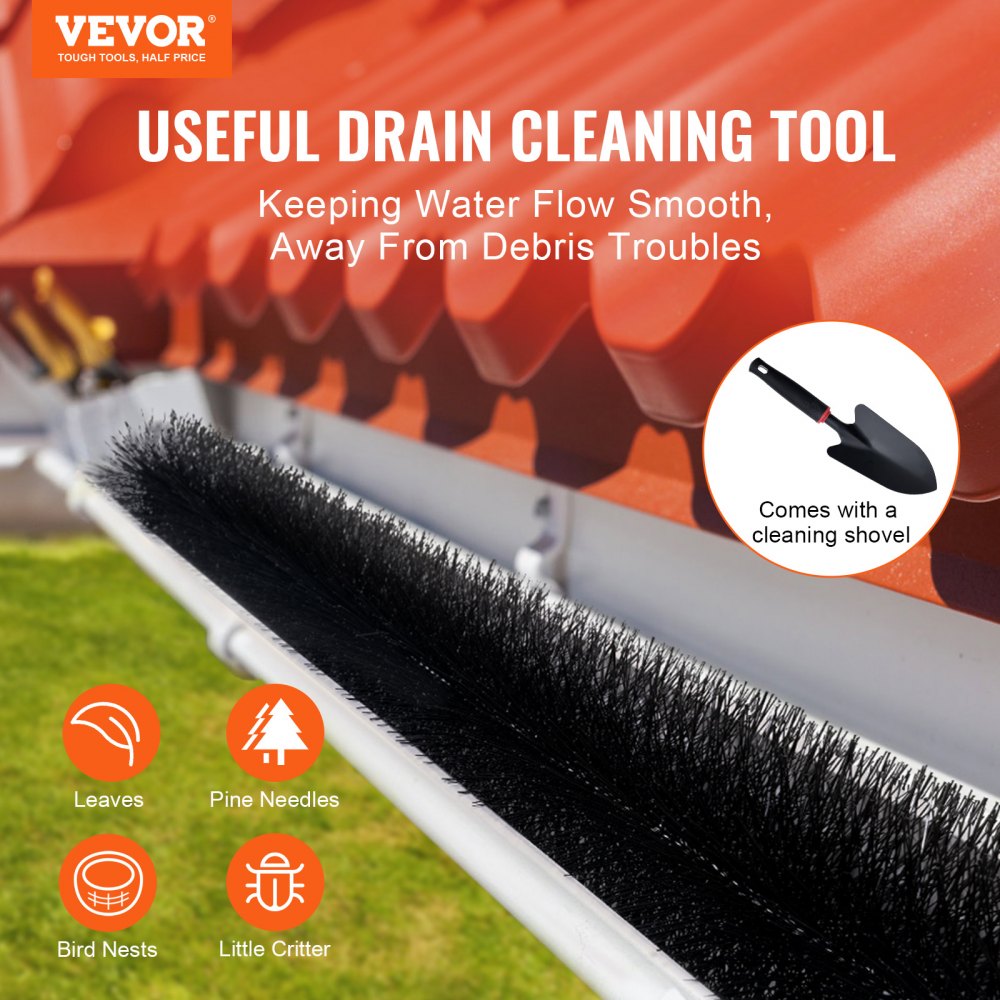 0810-20 - VEVOR 60ft Gutter Brush, 5.25" Diameter Leaf and Bird Guard