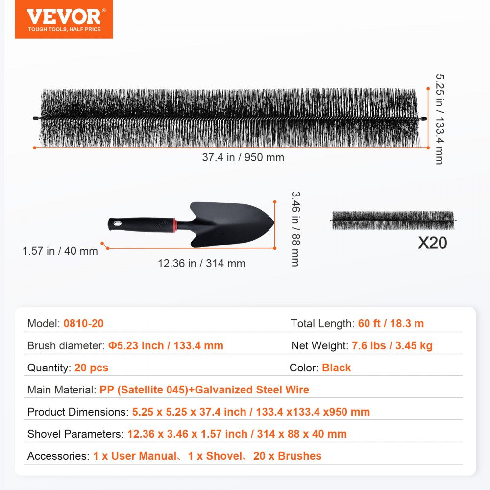 0810-20 - VEVOR 60ft Gutter Brush, 5.25" Diameter Leaf and Bird Guard