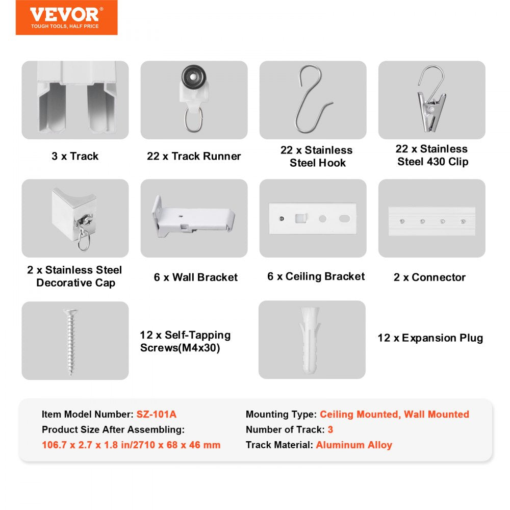 SZ-101A - Room Divider Ceiling Curtain Track Set 8.9 FT with Easy Install Hooks
