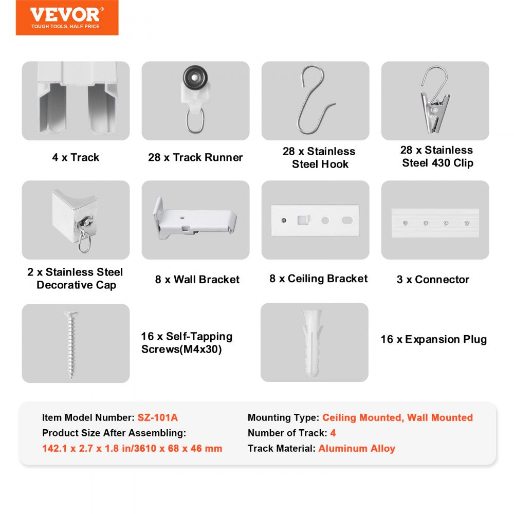 SZ-101A - 11.8FT Aluminum Ceiling Curtain Track Set with Hooks
