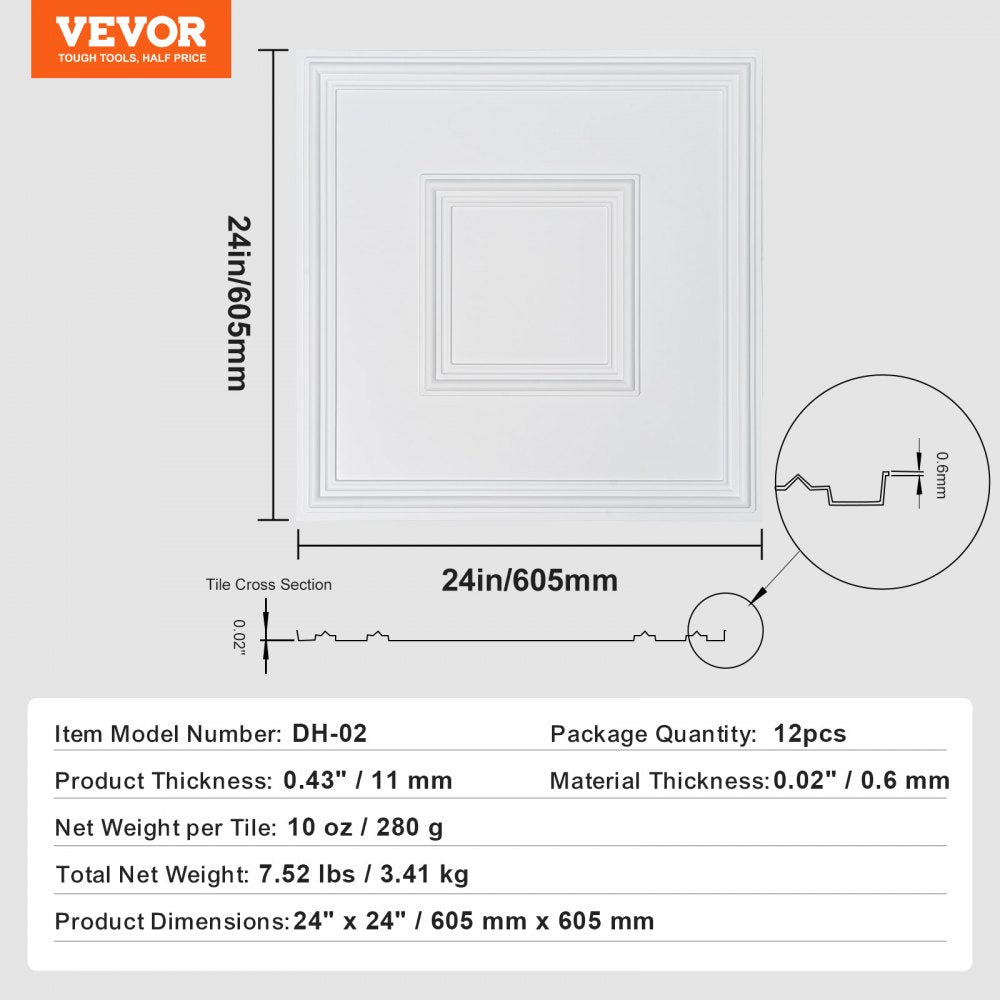 DH-02 - Waterproof 24x24" PVC Ceiling Tiles, Paintable & Easy Install