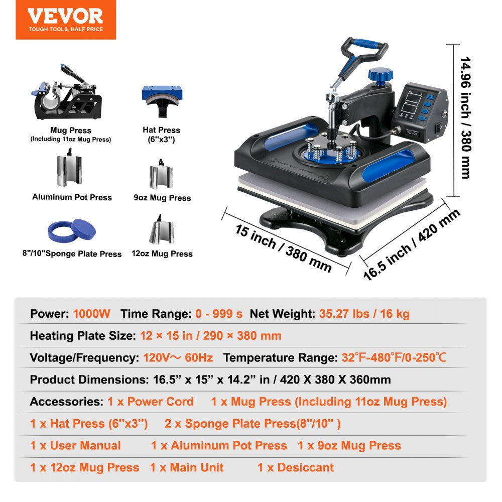 010726161303 - 8 in 1 Heat Press Machine, 12 x 15 Inch, 360° Swing-Away Design
