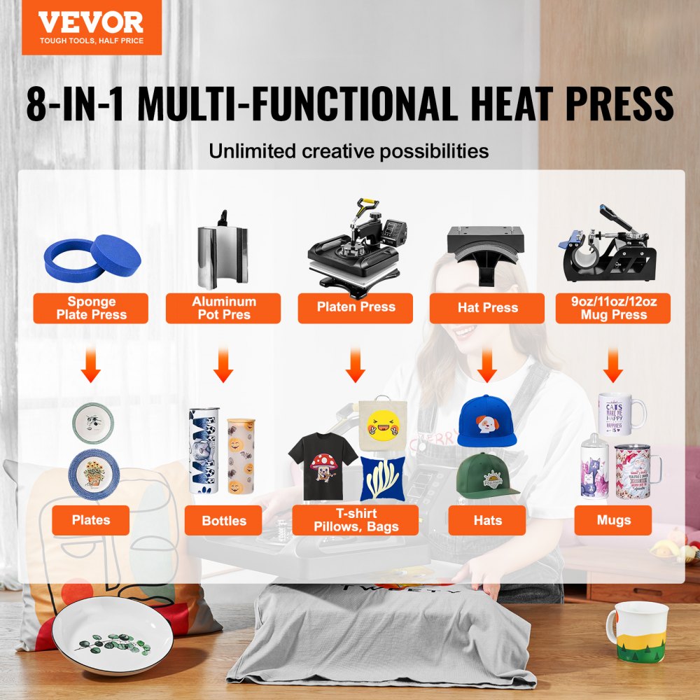 010470083696 - VEVOR 12x15 Heat Press with Dual-Layer Insulation & Accessories