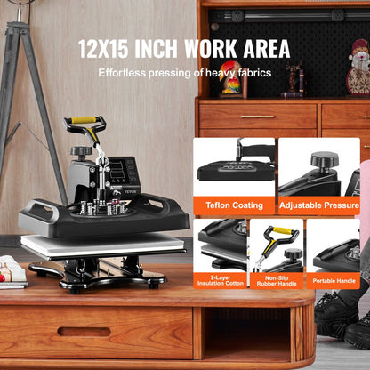 010470083696 - VEVOR 12x15 Heat Press with Dual-Layer Insulation & Accessories