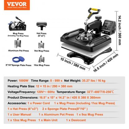 010470083696 - VEVOR 12x15 Heat Press with Dual-Layer Insulation & Accessories