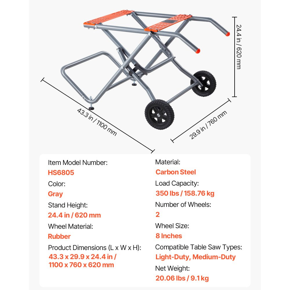 HS6805 - Heavy-Duty Steel Table Saw Stand with Wheels, 350 lbs Capacity