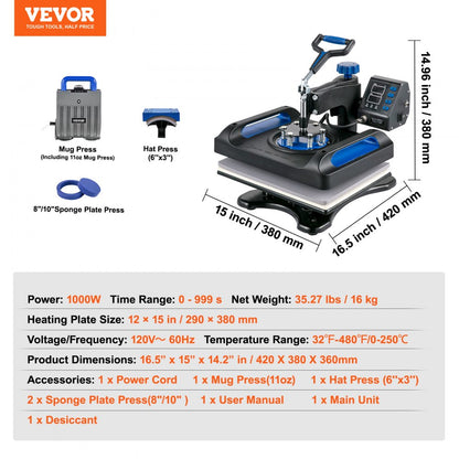 010172831090 - 12"x15" VEVOR Heat Press, Dual Layer Insulation, 800W