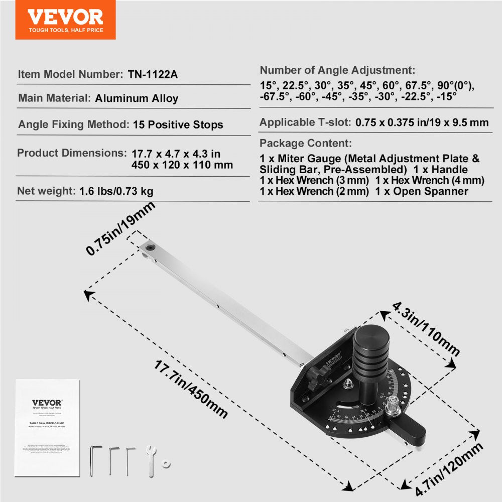 TN-1122A - Adjustable Miter Gauge for Accurate Cuts, Fits 3/4'' x 3/8'' Slots