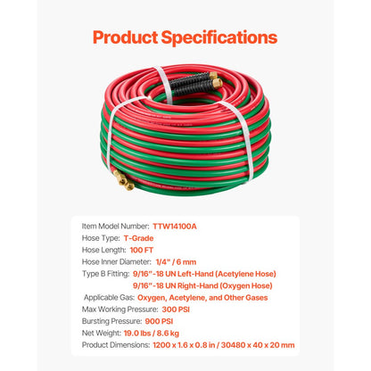 TTW14100A - 100FT Dual Welding Hose, 1/4-Inch, 300 PSI Durable Rubber