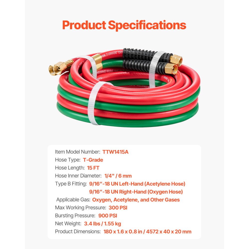 TTW1415A - 15FT Twin Hose for Oxygen & Acetylene, 1/4-Inch, 300 PSI