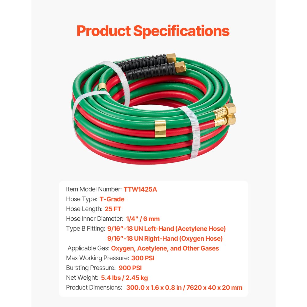 TTW1425A - Durable 1/4" x 25FT Twin Welding Hose for Oxygen & Acetylene