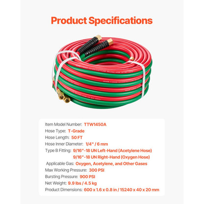 TTW1450A - Durable 50FT x 1/4" Twin Hose with 300 PSI Pressure