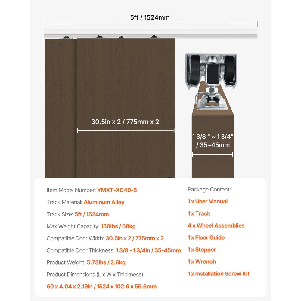 YMXT-XC40-5 - 5ft Aluminum Bypass Door Track Kit for 150lbs Capacity