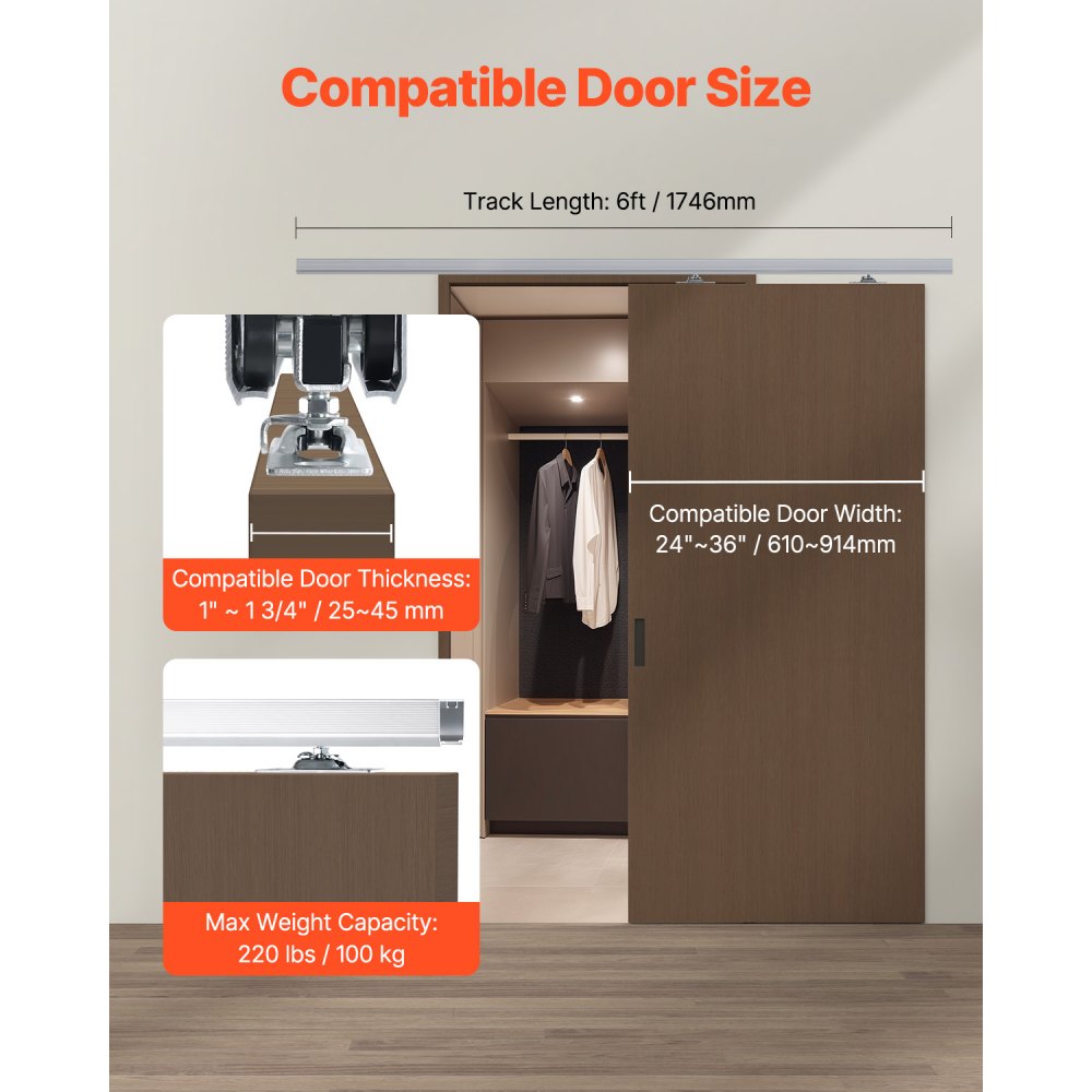 YMXT-XC39-6 - 6ft Aluminum Pocket Door Track Kit, 220lbs Capacity