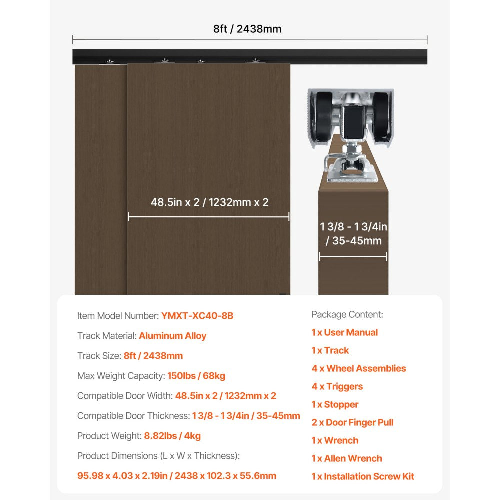 YMXT-XC40-8B - 8ft Aluminum Bypass Door Track Kit with Smooth Sliding System