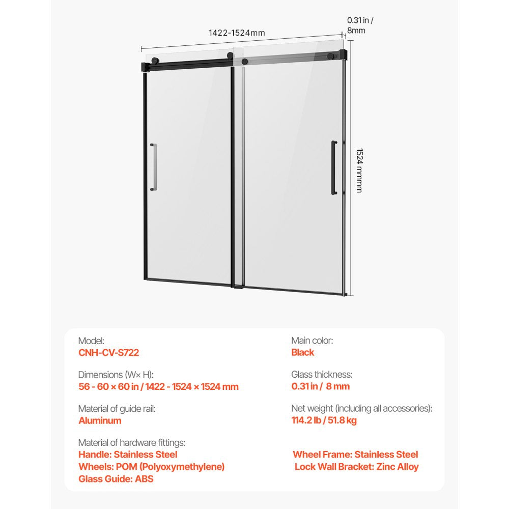 CNH-CV-S722 - 56-60 in. Frameless Sliding Bathtub Door for Modern Bathrooms