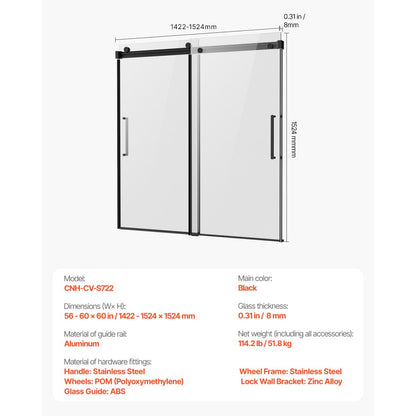 CNH-CV-S722 - 56-60 in. Frameless Sliding Bathtub Door for Modern Bathrooms
