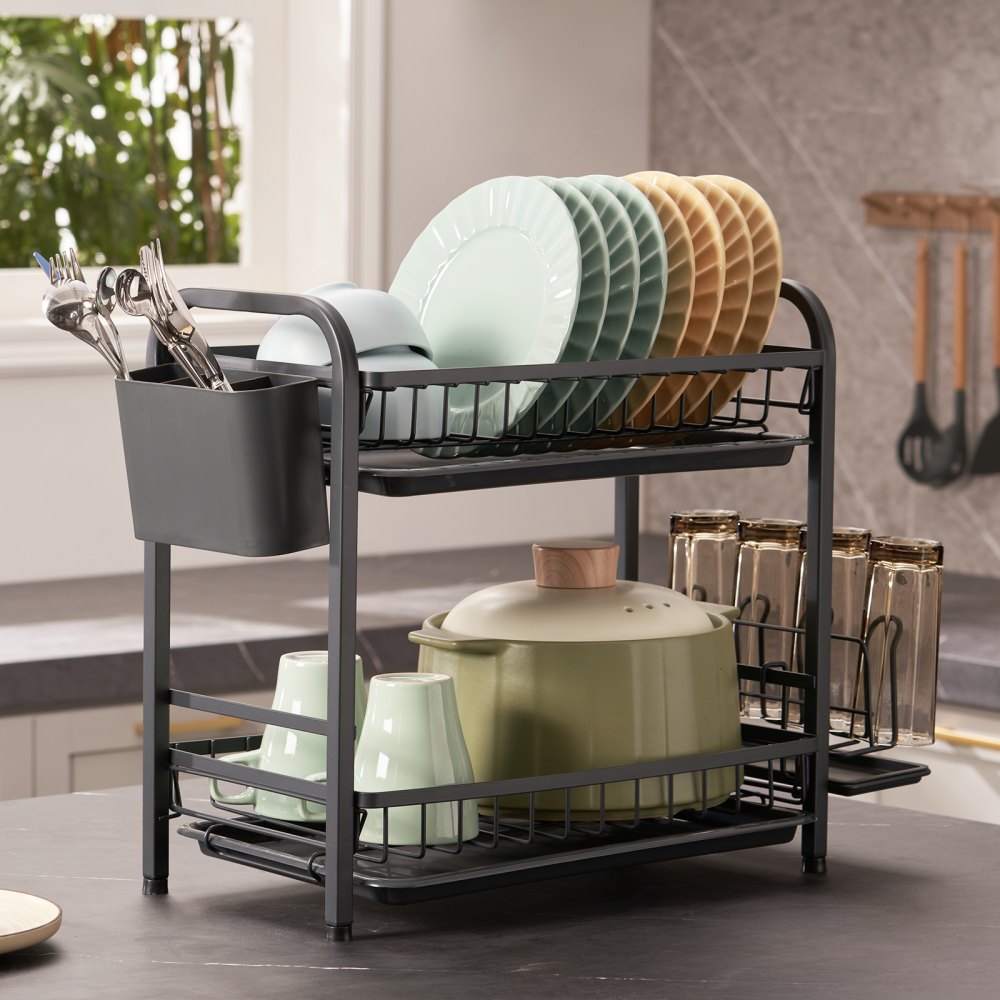 WK810341 - Durable Carbon Steel Dish Drying Rack with Utensil Holder
