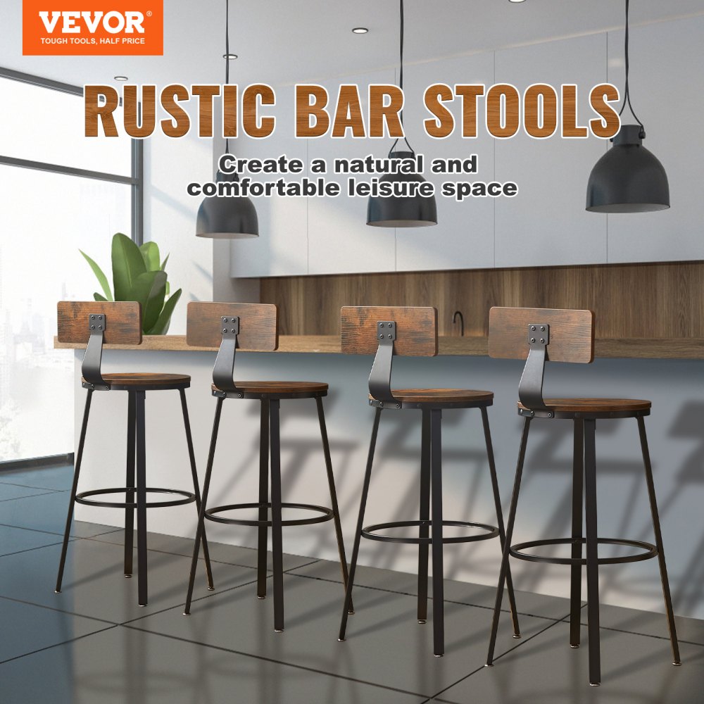 J-08 - Rustic 29" Bar Stools with Backrest, Durable Steel Frame, Set of 2