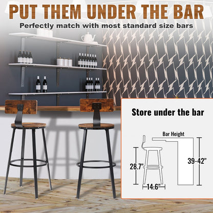 J-08 - Rustic 29" Bar Stools with Backrest, Durable Steel Frame, Set of 2