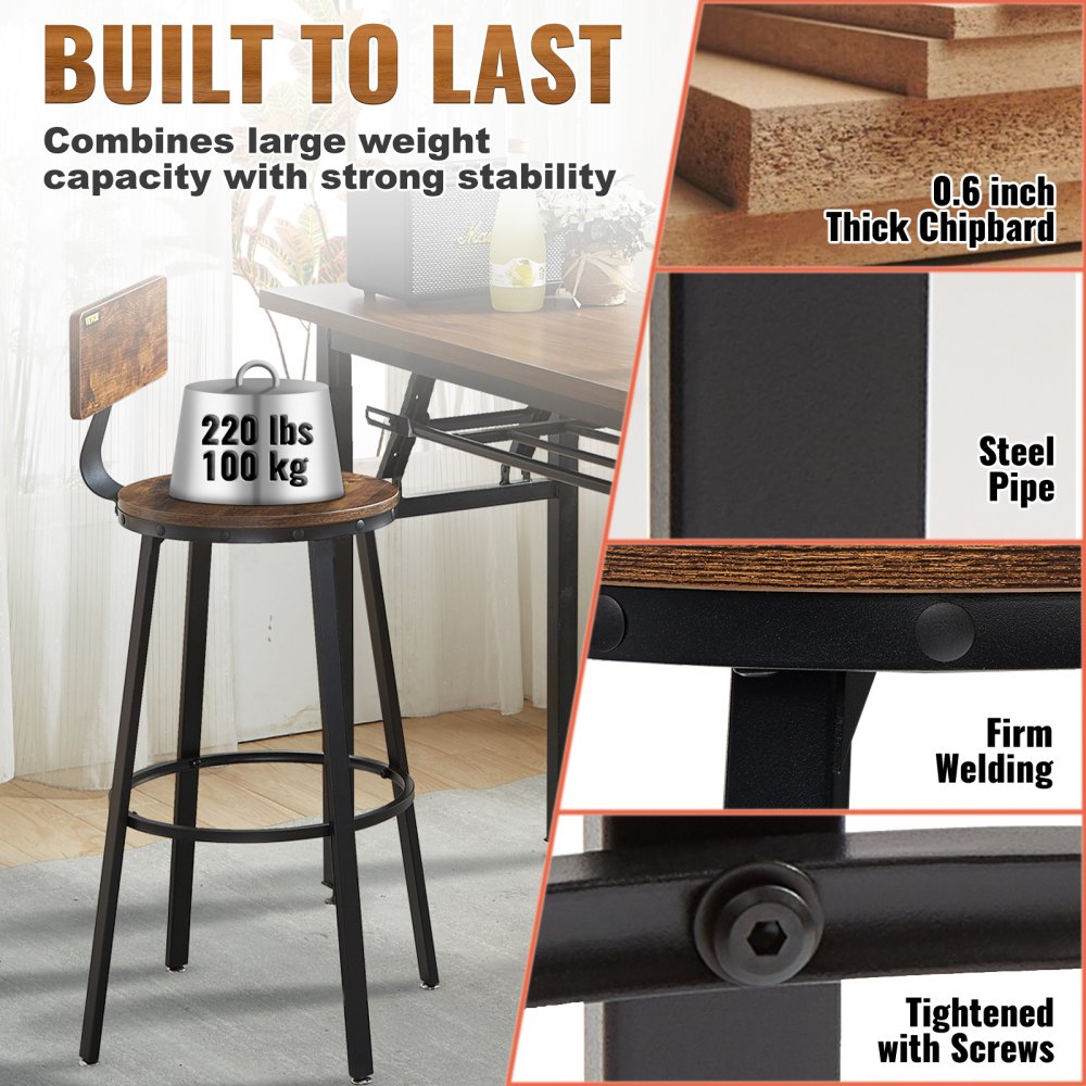 J-08 - Rustic 29" Bar Stools with Backrest, Durable Steel Frame, Set of 2