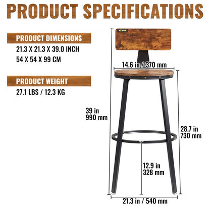 J-08 - Rustic 29" Bar Stools with Backrest, Durable Steel Frame, Set of 2