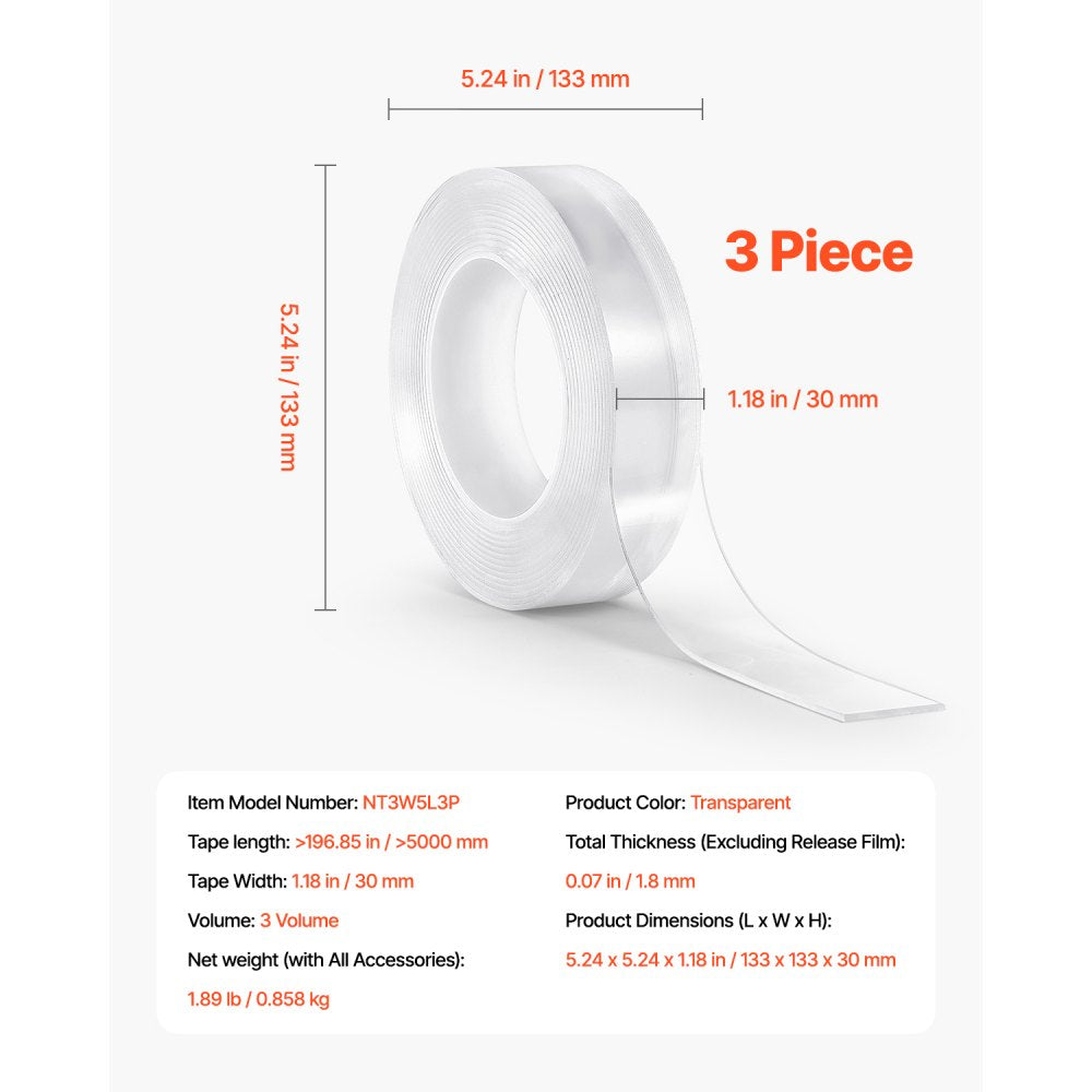 NT3W5L3P - Heavy-Duty 1.18" Double-Sided Tape, Trace-Free Adhesive, 16 ft