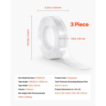 NT3W5L3P - Heavy-Duty 1.18" Double-Sided Tape, Trace-Free Adhesive, 16 ft