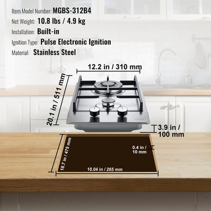 MGBS-312B4 - 12" VEVOR Dual Fuel Gas Cooktop, 12250 BTU Power