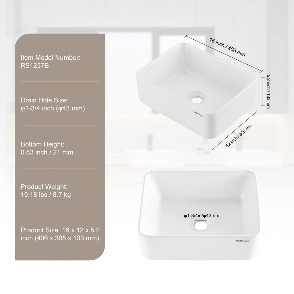 RS1237B - 16"x12" Modern White Ceramic Vessel Sink for Bathrooms