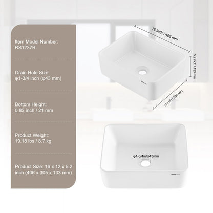RS1237B - 16"x12" Modern White Ceramic Vessel Sink for Bathrooms