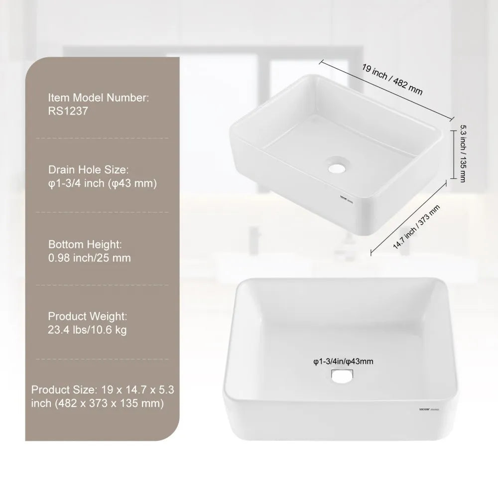 RS1237 - 19"x14.7" White Ceramic Vessel Sink for Modern Bathrooms