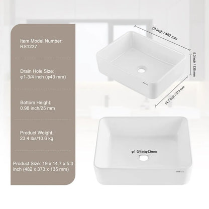 RS1237 - 19"x14.7" White Ceramic Vessel Sink for Modern Bathrooms