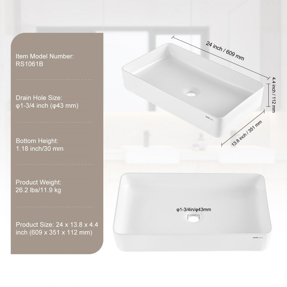 RS1061B - 24"x13.8" White Ceramic Vessel Sink for Modern Bathrooms