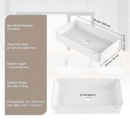 RS1061B - 24"x13.8" White Ceramic Vessel Sink for Modern Bathrooms