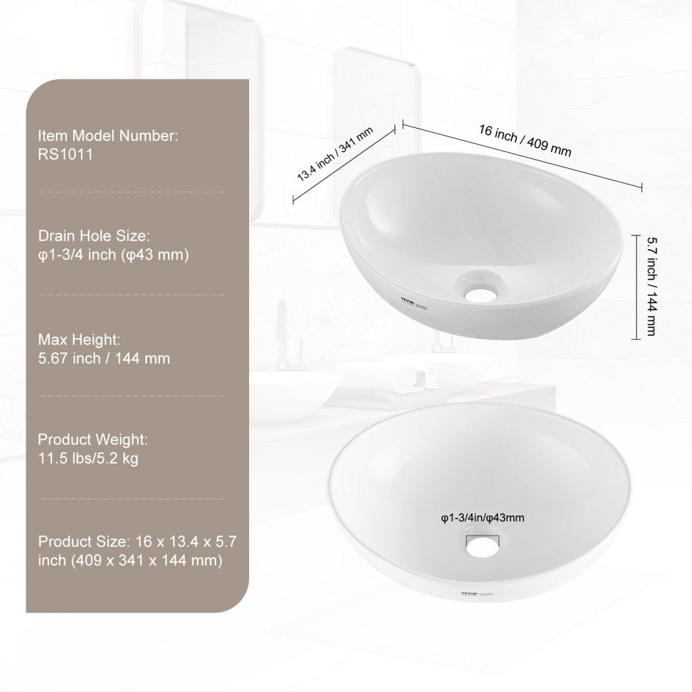 RS1011 - 16"x13.4" White Ceramic Vessel Sink for Modern Bathrooms