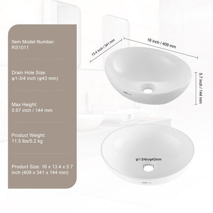 RS1011 - 16"x13.4" White Ceramic Vessel Sink for Modern Bathrooms