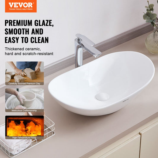 RS1196 - Modern 23.3" Ceramic Vessel Sink with Deep Design and Easy Drainage