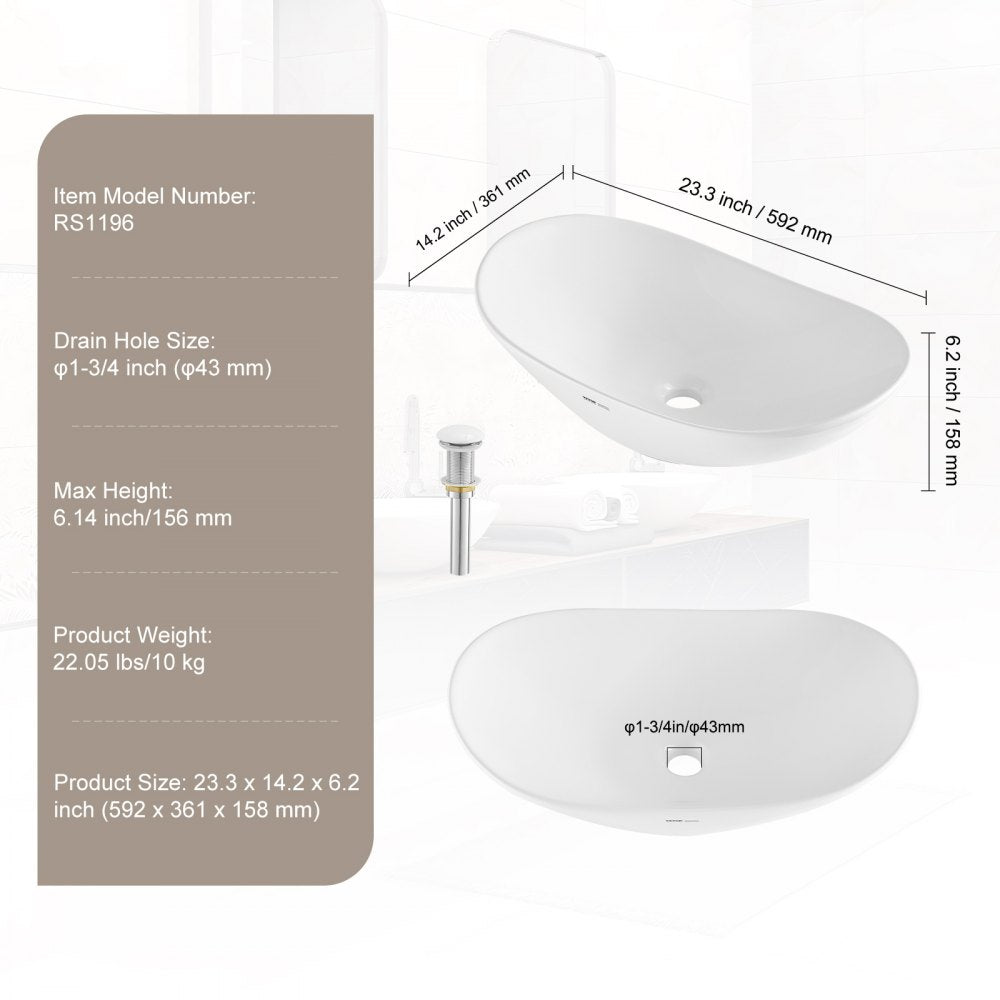 RS1196 - Modern 23.3" Ceramic Vessel Sink with Deep Design and Easy Drainage