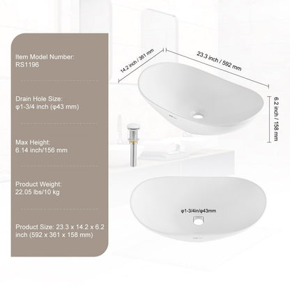 RS1196 - Modern 23.3" Ceramic Vessel Sink with Deep Design and Easy Drainage