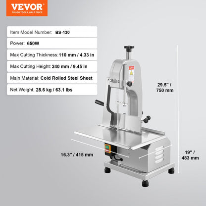 BS-130 - Heavy-Duty Stainless Steel Bone Saw Machine with 4.33" Cutting Thickness