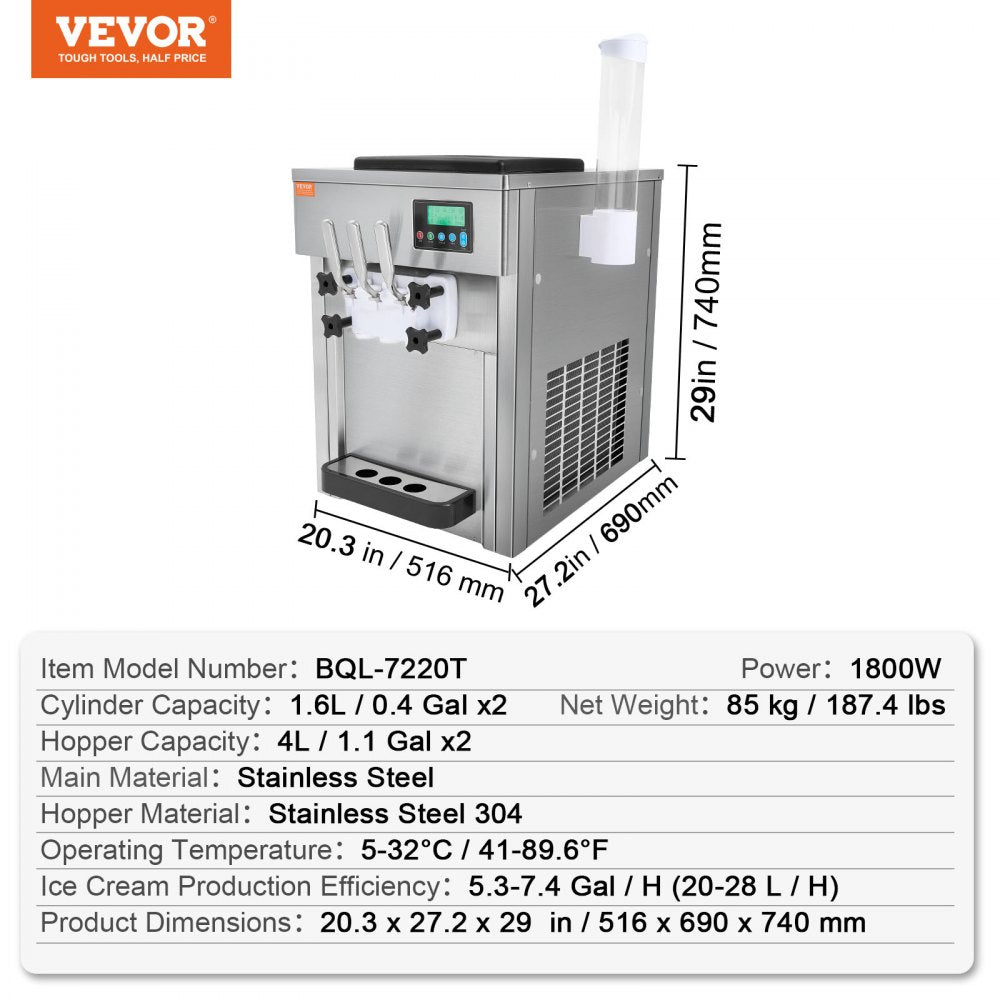 BQL-7220T - High-Capacity Ice Cream Maker, 20L/hr, Dual 4L Hoppers