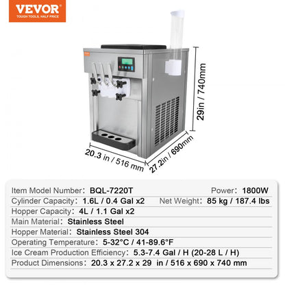 BQL-7220T - High-Capacity Ice Cream Maker, 20L/hr, Dual 4L Hoppers
