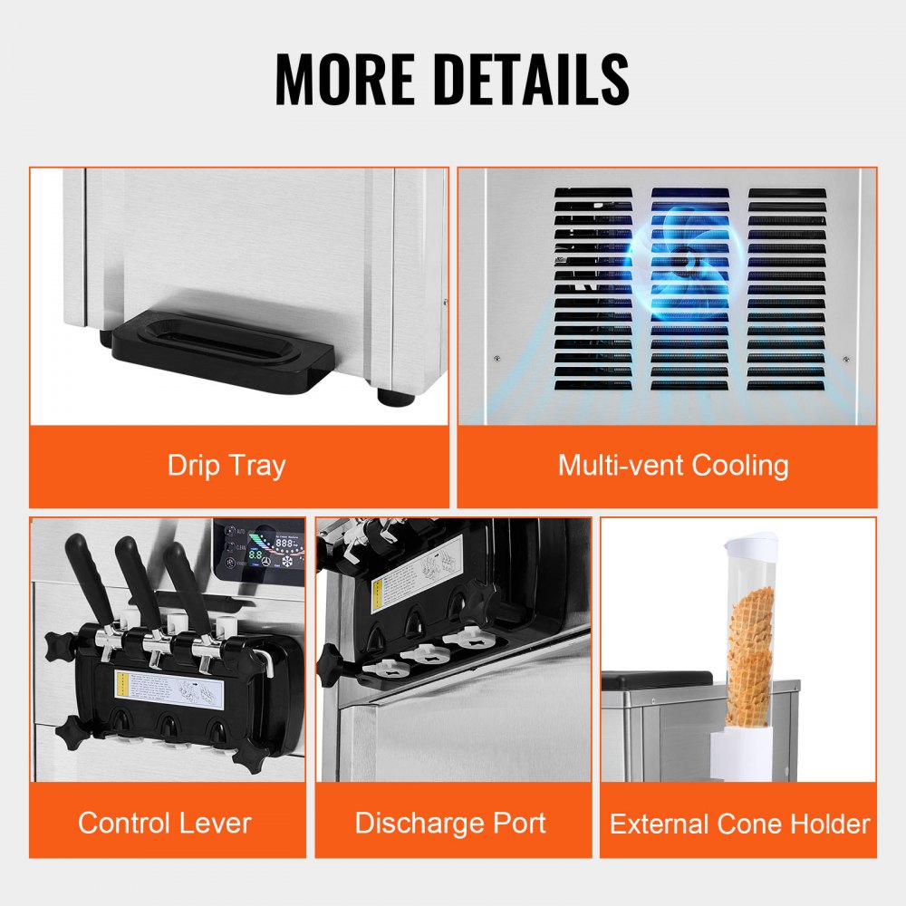 D520S - 28L/H 3-Flavor VEVOR Soft Serve Ice Cream Maker for Commercial Use