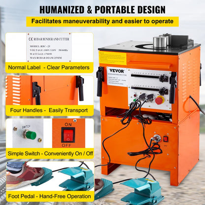 RBC-25 - 1700W Electric Rebar Bender & Cutter for 1" Bending