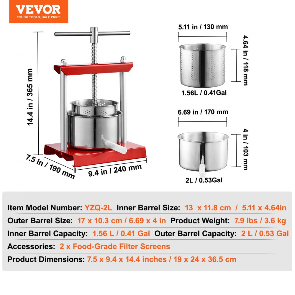 YZQ-2L - Compact Stainless Steel Manual Fruit Wine Press for Home Brewing