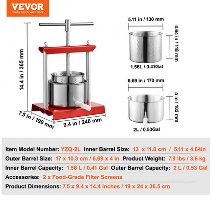 YZQ-2L - Compact Stainless Steel Manual Fruit Wine Press for Home Brewing