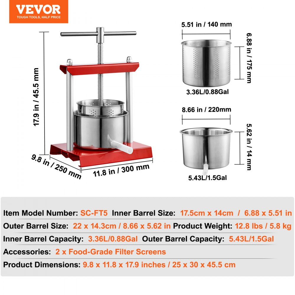 SC-FT5 - 1.6 Gallon Manual Juice Press with Stainless Steel Barrels