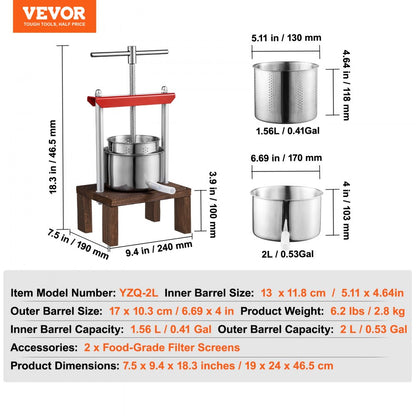 YZQ-2L - Compact 2L Fruit Wine Press for Home Juicing