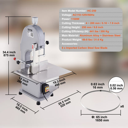 HC-210 - VEVOR 1100W Stainless Steel Meat Bandsaw for Efficient Cutting